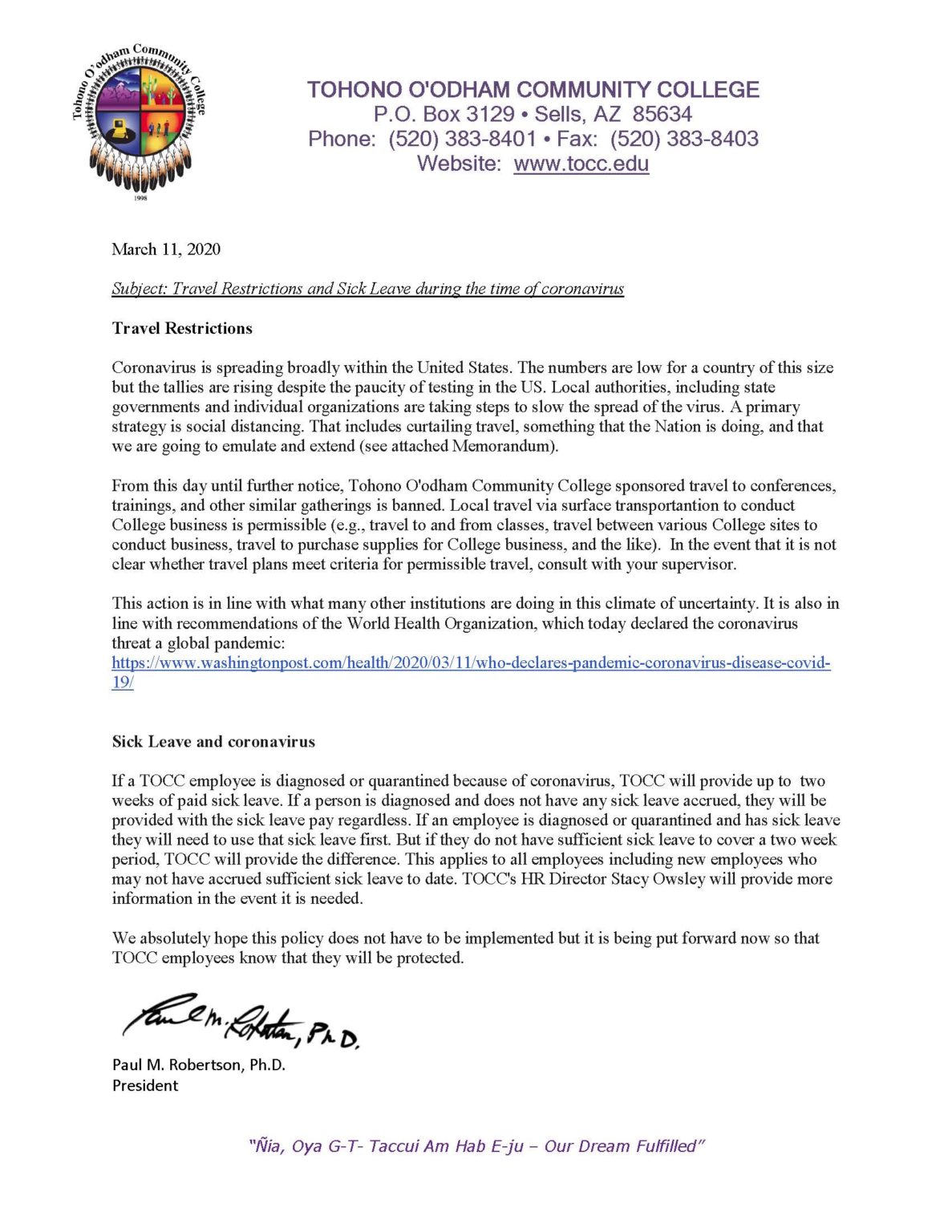 Memorandum SICK LEAVE and TRAVEL - Tohono O'odham Community College